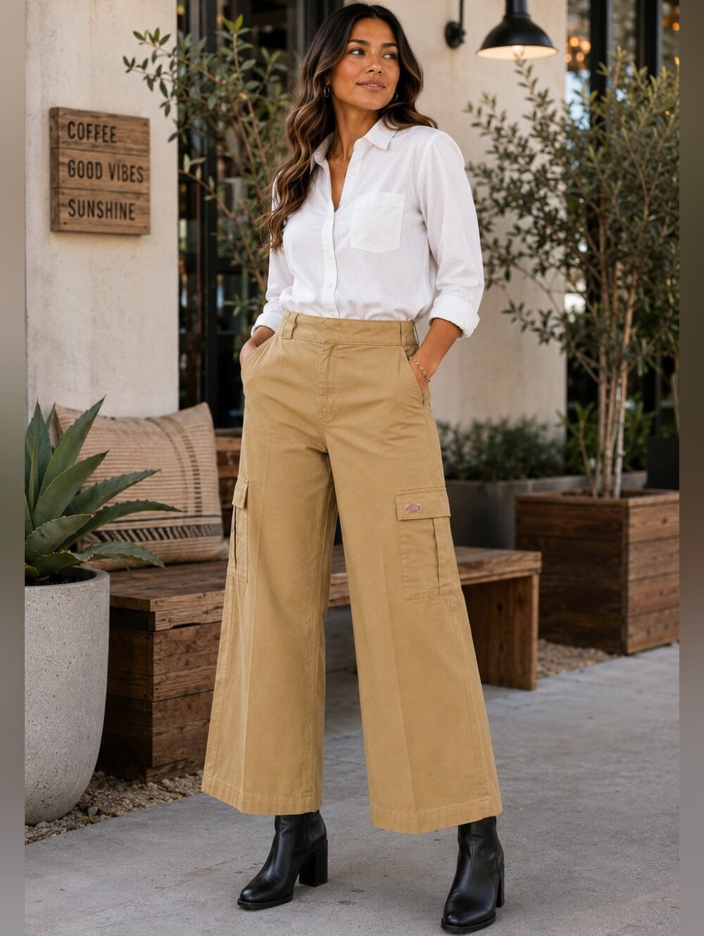 Dickies Size 6 Wide Leg Cargo Utility Pants Khaki NWOT